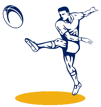 Illustration stylisée d'un joueur de rugby en plein coup de pied, vêtu d'un maillot. Le ballon de rugby s'envole vers la gauche. Tons bleus et blancs sur fond noir.