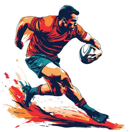 Illustration stylisée d'un joueur de rugby en mouvement, tenant un ballon. Des traits dynamiques et des couleurs vives transmettent l'énergie et l'intensité sur un fond noir.
